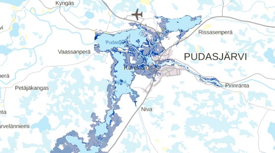 Kartta Pudasjärveltä, jossa Potut mallin mukaisia tulvametsiä.
